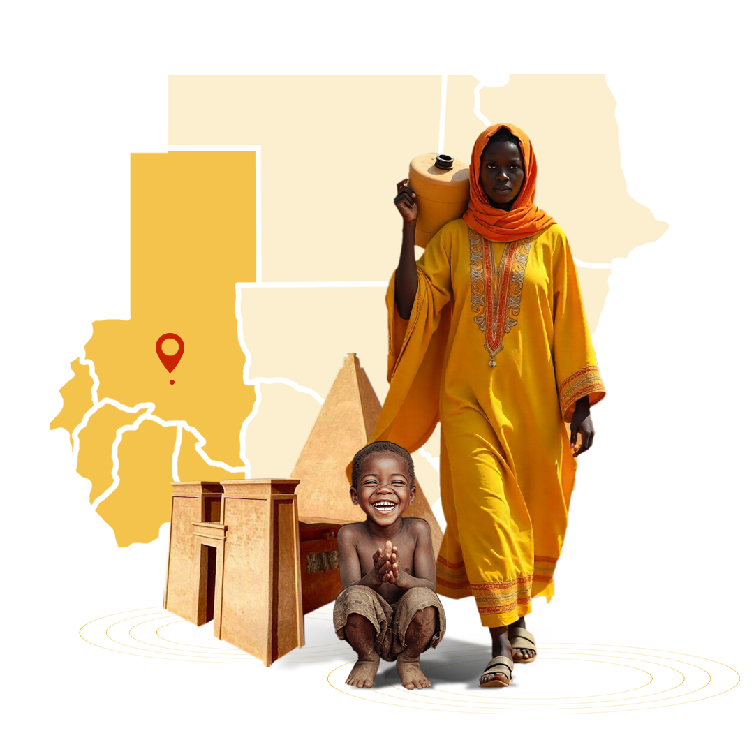 A woman and child with a map of Sudan/South Sudan